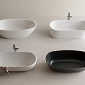 Various Bathtub Styles in White and Black with Faucets on Light Tile Floor