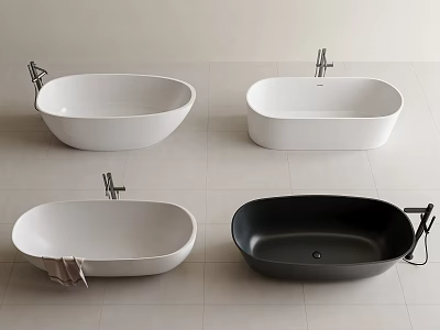 Various Bathtub Styles in White and Black with Faucets on Light Tile Floor 3d model
