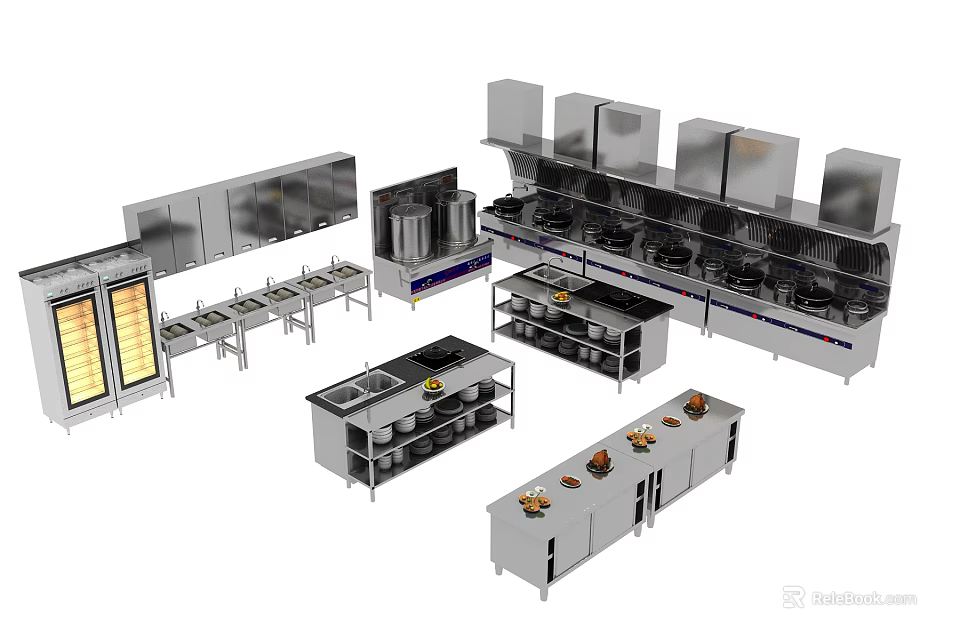 Commercial Kitchen Stainless Steel Appliances With Cooking Equipment And Storage Units 3d model 