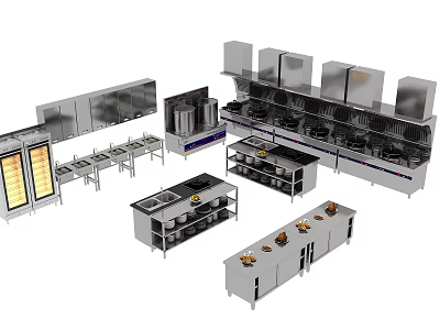 Commercial Kitchen Stainless Steel Appliances With Cooking Equipment And Storage Units 3d model