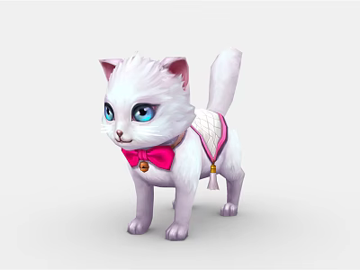 Cute White Cat With Pink Bow Tie And White Harness Featuring Bell 3d model
