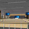Spacious School Classroom With Long Desks Chairs Multiple Screens Wooden Walls And Bright Lighting