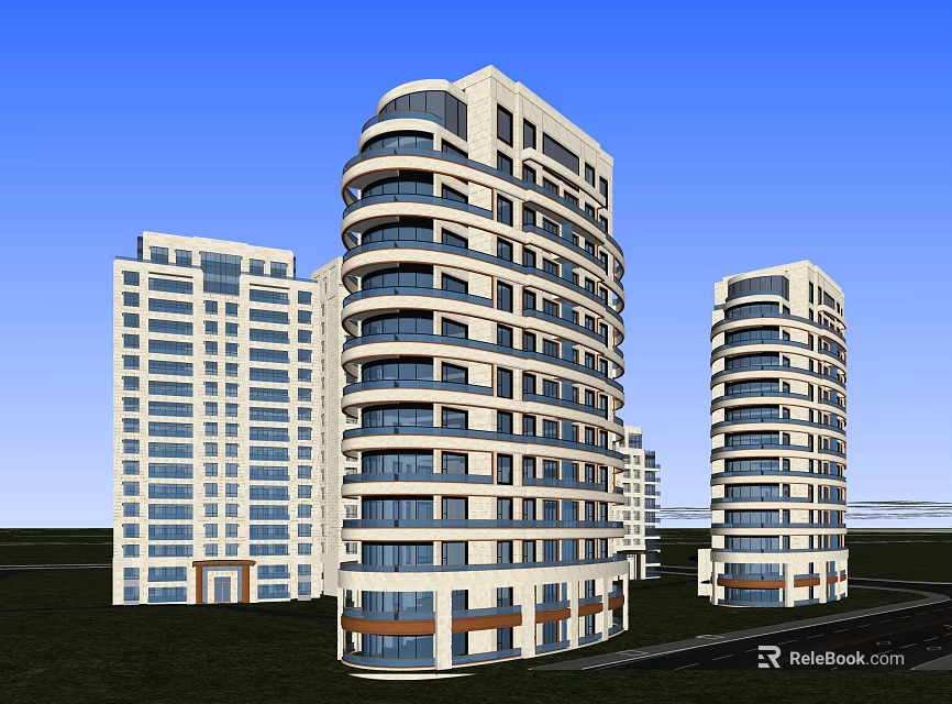 Modern Residential Towers With Curved And Rectangular Design Glass Windows Green Area Roadside 3d model 