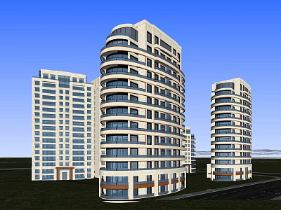 Modern Residential Towers With Curved And Rectangular Design Glass Windows Green Area Roadside 3d model