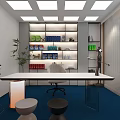 Modern Office Interior With Blue Carpet White Desk Chair Bookshelf And Green Plant