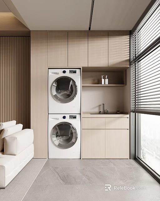 Cozy Home Balcony with Washer Dryer Set and Wooden Cabinets 3d model 