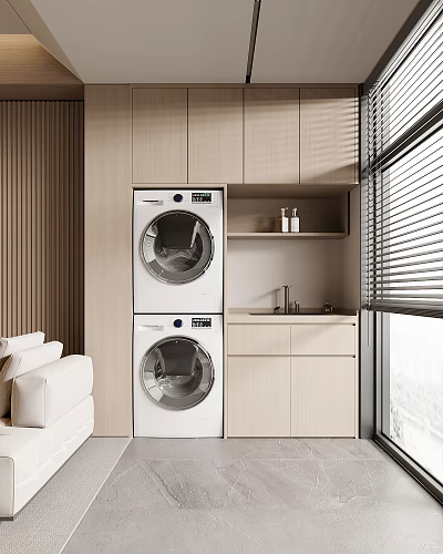 Cozy Home Balcony with Washer Dryer Set and Wooden Cabinets 3d model