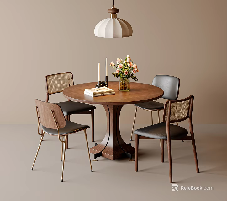 Round Wooden Dining Table And Chairs Set With Mesh Backrests Flower Vase And Pendant Light 3d model 