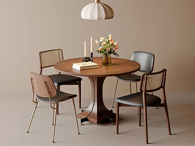 Round Wooden Dining Table And Chairs Set With Mesh Backrests Flower Vase And Pendant Light 3d model