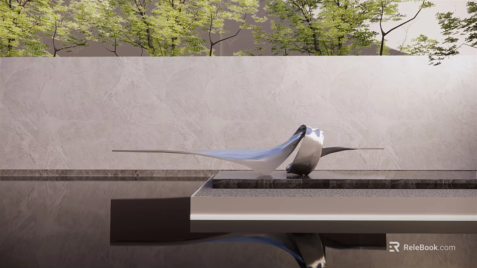 Modern Metallic Sculpture With Sleek Curved Design Water Feature And Tree Background 3d model 