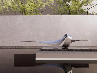 Modern Metallic Sculpture With Sleek Curved Design Water Feature And Tree Background 3d model