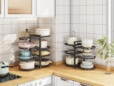 Modern Kitchen Storage Shelves with Pots Pans Bowls Dishes on Wooden Countertop 3d model