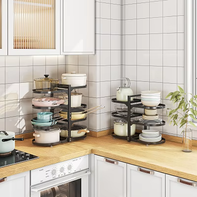 Modern Kitchen Storage Shelves with Pots Pans Bowls Dishes on Wooden Countertop 3d model