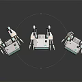 Three White Robots with Spider Like Legs Antennas and Green Indicator Lights on Black Background
