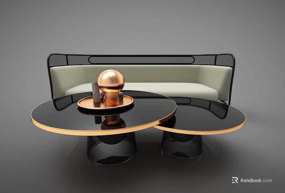 Modern Sectional Sofa With Light Upholstery Black Frame And Round Coffee Tables With Copper Decor 3d model