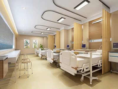 Bright Modern Hospital Ward Interior With Multiple Medical Beds Equipment And Windows 3d model