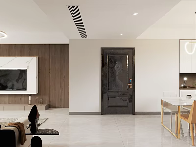 Modern Open Living and Dining Room With Wood Accents TV Wall White Tiles Pendant Lights 3d model