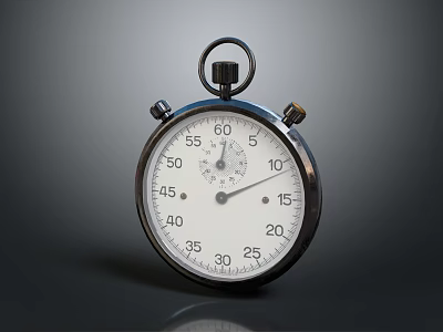 Classic Metal Stopwatch with White Dial Black Numbers and Hands on Gray Reflective Surface 3d model