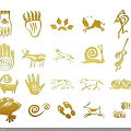 Golden Primitive Art Symbols Including Handprints Footprints And Animal Figures