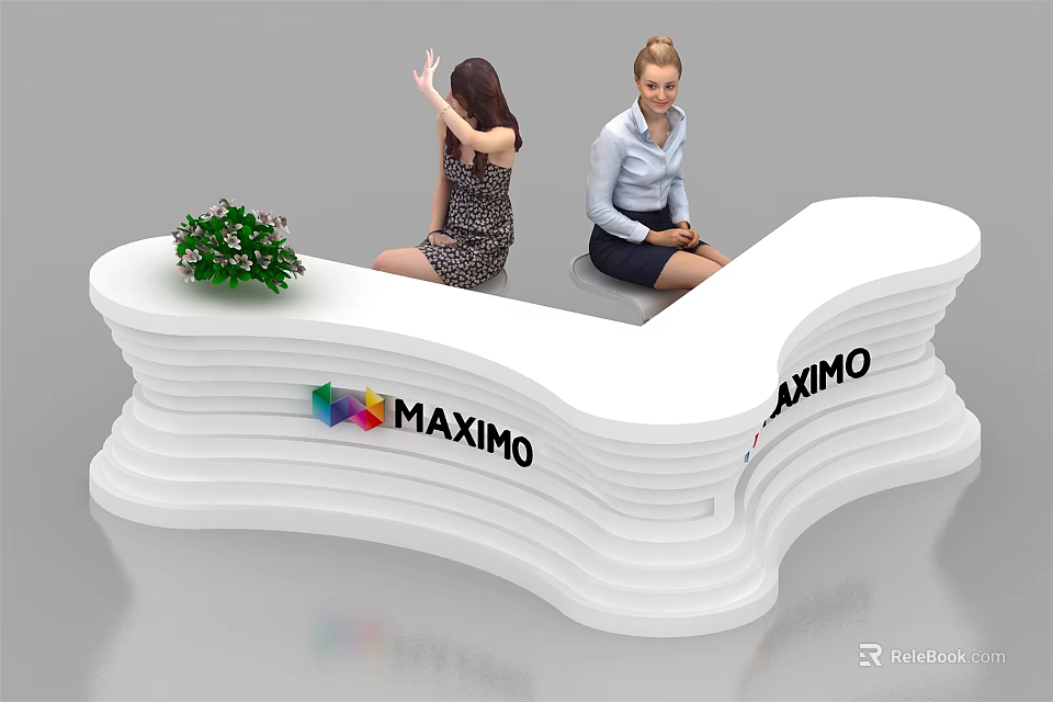 White Curved Reception Desk With MAXIMO Logo Green Plant And Staff Waving Smiling 3d model 