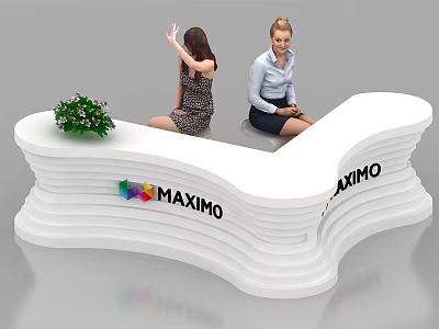 White Curved Reception Desk With MAXIMO Logo Green Plant And Staff Waving Smiling 3d model