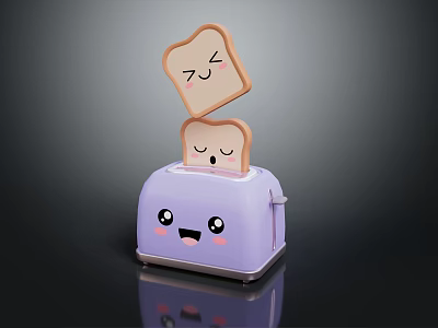 Purple Kitchen Toaster Featuring Cute Cartoon Smiling Faces On Toast Slices 3d model
