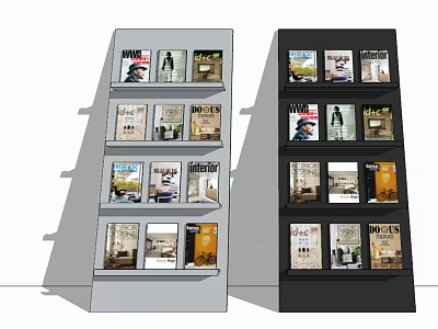 Different color display shelves with multiple layers showcasing magazines in retail store 3d model