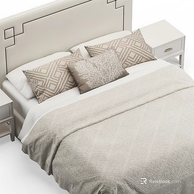 Modern Double Bed With Geometric Headboard Pillows Textured Beige Bedding And Side Tables 3d model 