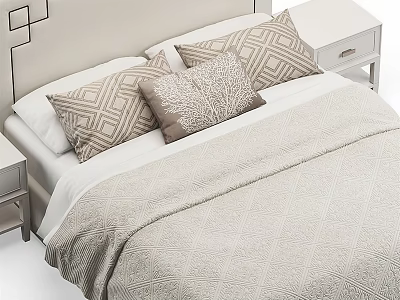 Modern Double Bed With Geometric Headboard Pillows Textured Beige Bedding And Side Tables 3d model