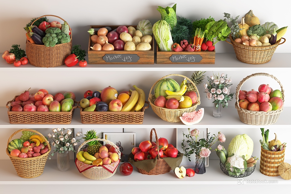 Fresh Colorful Fruits Variety Displayed In Woven Baskets On Wooden Shelves 3d model 