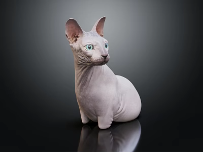 Hairless Sphynx Cat With Green Eyes Sitting On Shiny Surface Against Dark Background 3d model