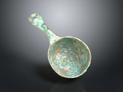 Ancient Bronze Spoon With Ornate Carved Patterns And Curved Handle Design 3d model