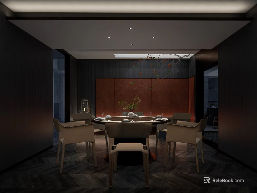 Elegant Private Dining Room Interior Design With Round Table Chairs And Decorative Plant 3d model