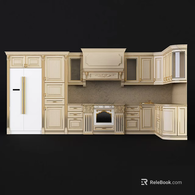 Classical Cream Colored Kitchen Cabinets With Wall Base Units And Built In Oven 3d model 
