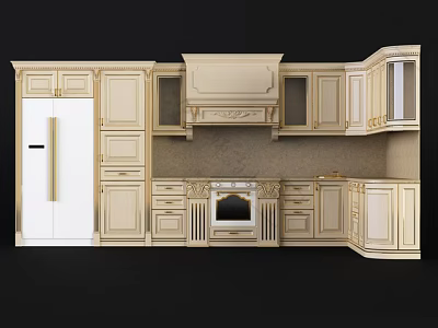 Classical Cream Colored Kitchen Cabinets With Wall Base Units And Built In Oven 3d model