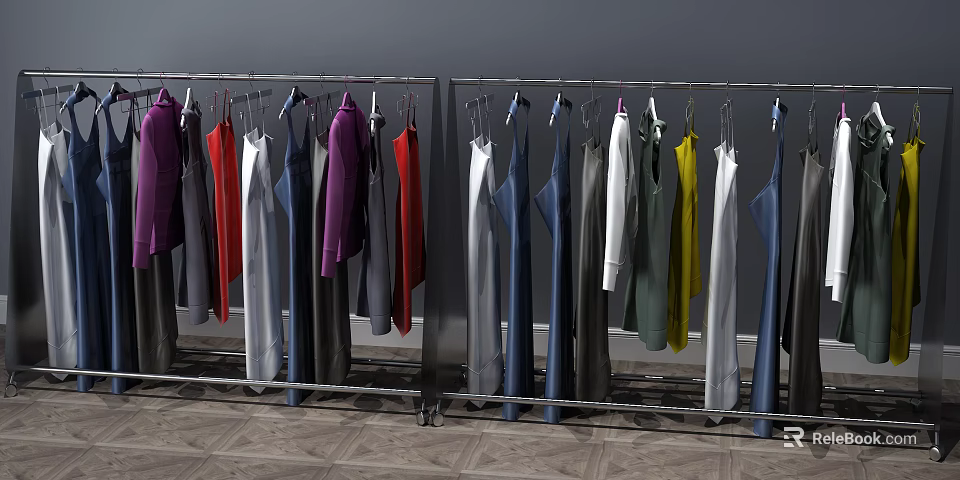 Multiple Metal Clothes Racks With Colorful Hanging Clothes For 3d model