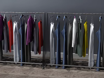 Multiple Metal Clothes Racks With Colorful Hanging Clothes For 3d model