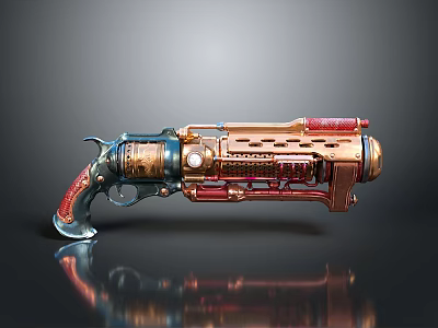Steampunk Style Pistol With Copper Blue Red Accents And Mechanical Details 3d model
