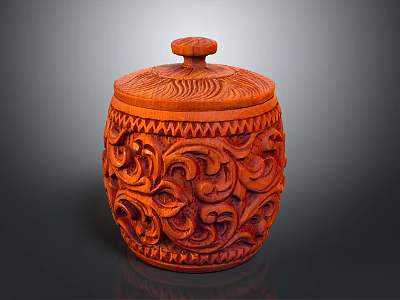 Intricately Carved Wooden Decorative Ornament With Swirl Patterns And Lid Design 3d model