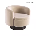Beige Velvet Leisure Chair With Rounded Design Armrests And Dark Wooden Base