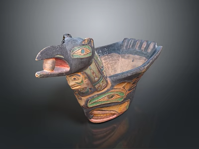 Bird Shaped Artistic Decorative Furniture Piece With Carved Eyes Feathers And Green Orange Brown Colors 3d model