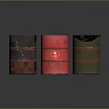 Household Supplies Three Metal Storage Drums In Red Green Brown With Warning Sign Design