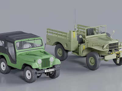 Green Vintage Military Jeep And Truck With Open Top Cargo Bed And Antenna 3d model
