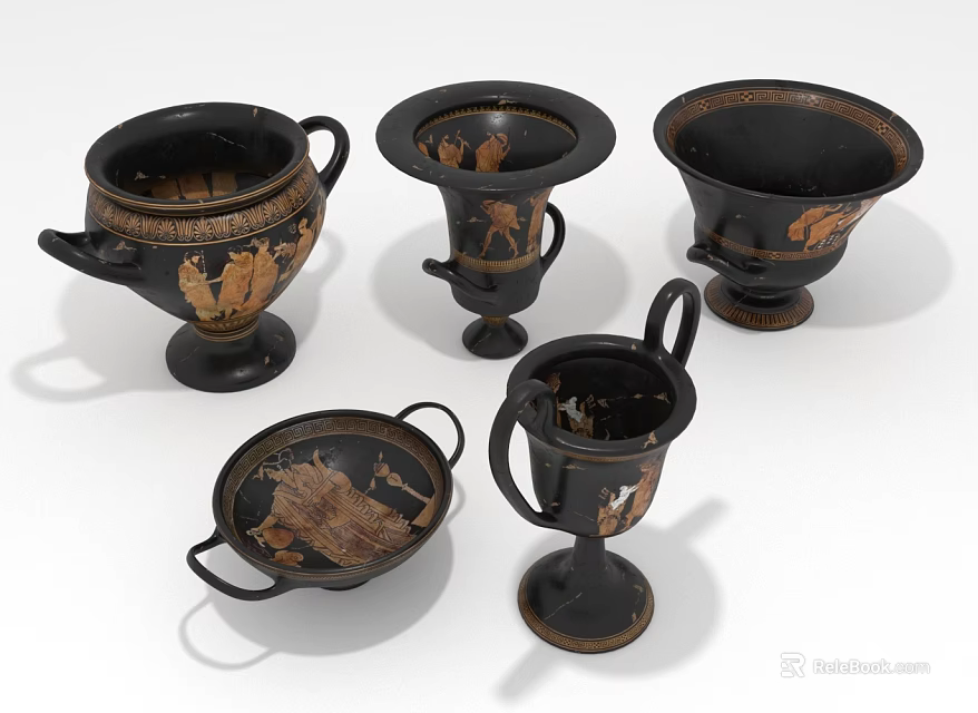 Black Decorative Pottery Vessels With Gold Patterns Various Shapes Household Items 3d model 