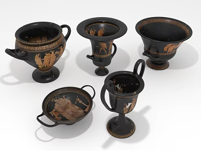 Black Decorative Pottery Vessels With Gold Patterns Various Shapes Household Items 3d model