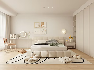 Modern Bedroom With Cozy Bed Dressing Table Mirror Framed Art Light Curtains And Geometric Rug 3d model