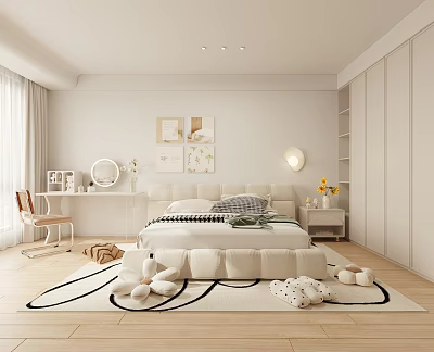 Modern Bedroom With Cozy Bed Dressing Table Mirror Framed Art Light Curtains And Geometric Rug 3d model