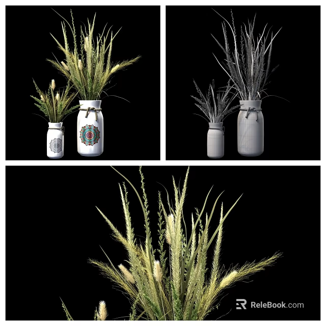 Decorative Jar Vases With Tall Slender Dried Grass Flowers For Home Decor 3d model 