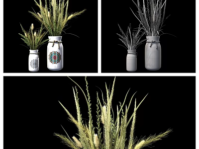Decorative Jar Vases With Tall Slender Dried Grass Flowers For Home Decor 3d model