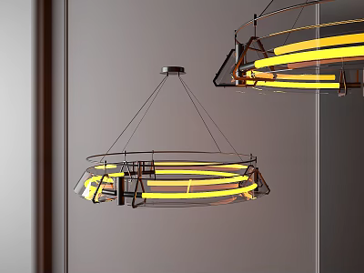 Modern Decorative Pendant Lights With Circular Yellow LED Rings And Metal Frame Structures 3d model